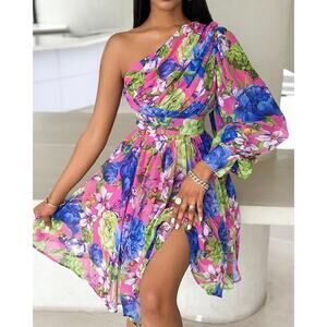 One-Shoulder Floral Midi Dress in Pink and Blue